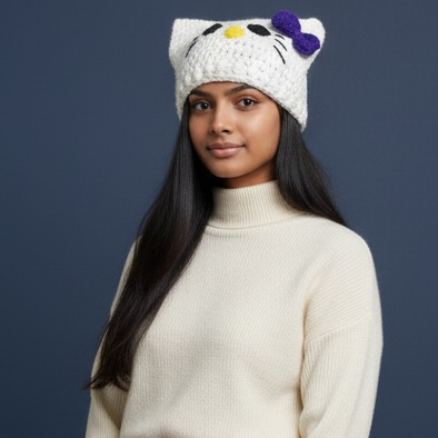 Kitty Cat Ear Beanie With Bow